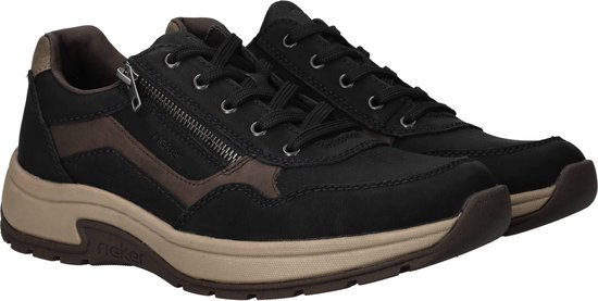 Zwarte Rieker veterschoenen met bruine accenten en ritssluiting.