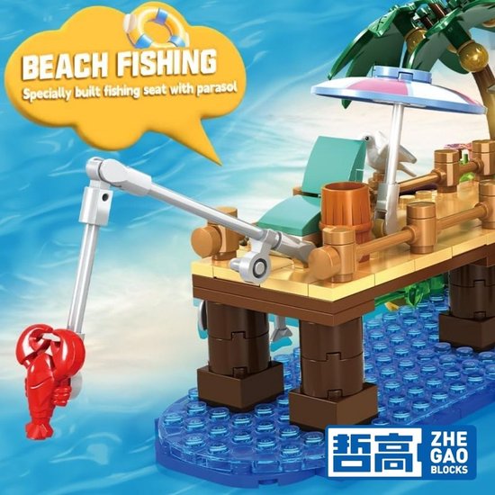 Gedetailleerde close-up van de vissershut met visstoel, parasol, surfplank en een hengel met krab.