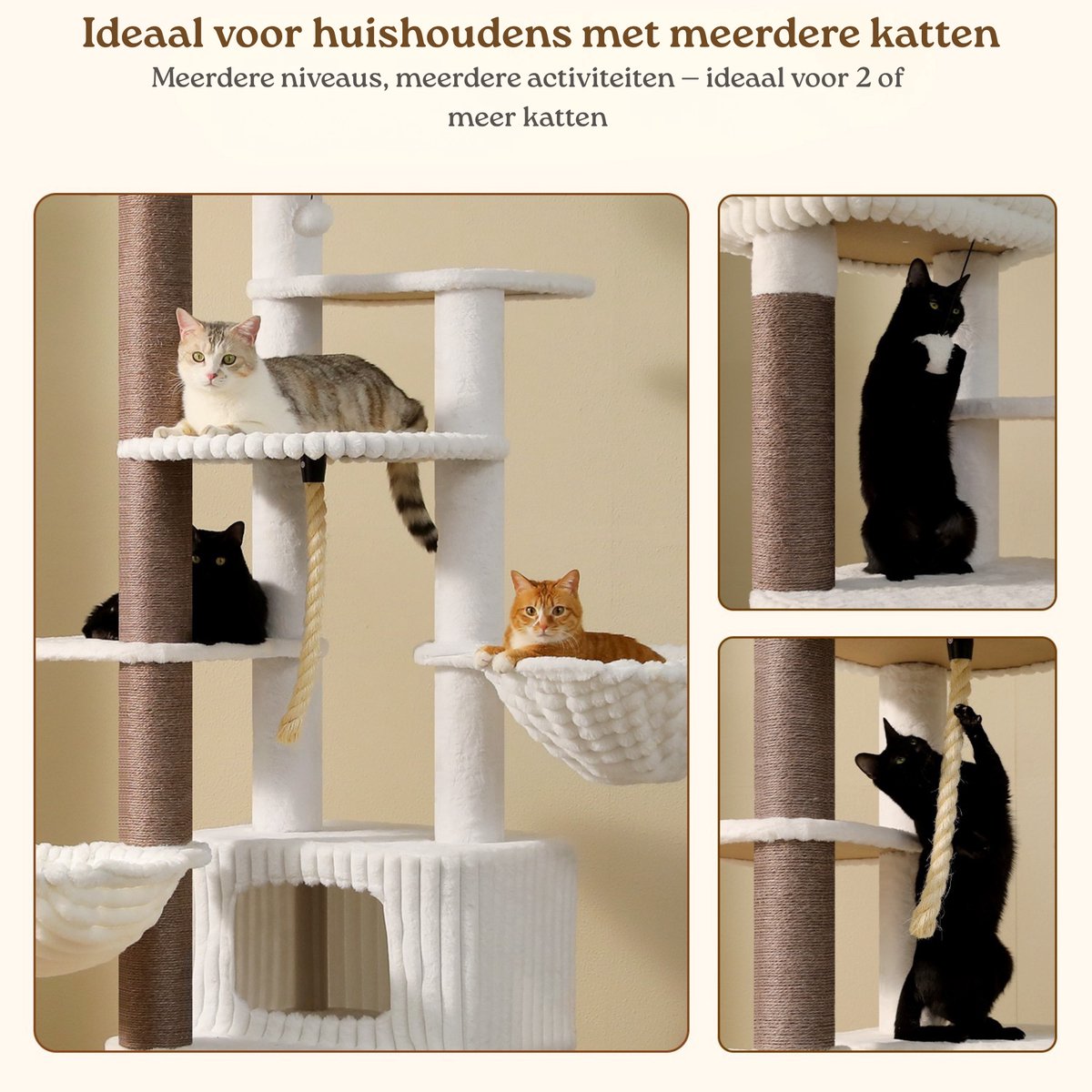 EcoPawPaw XXL Krabpaal 188 cm – Voor Grote Katten & Meerdere Katten – 2 Hangmatten – Groot Kattenhuis – Dikke 8,9 cm Sisalpalen – Wit thumbnail 3
