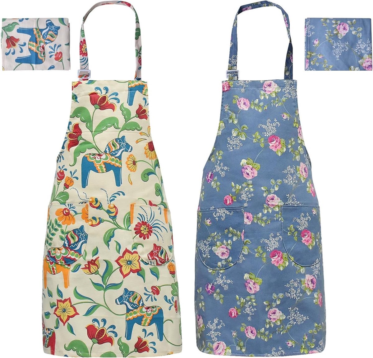 Vintage Katoenen Keuken Schort met Bloemen en Zakjes voor Koken, Bakken en Tuinieren - 2 Stuks, Verstelbaar en Praktisch