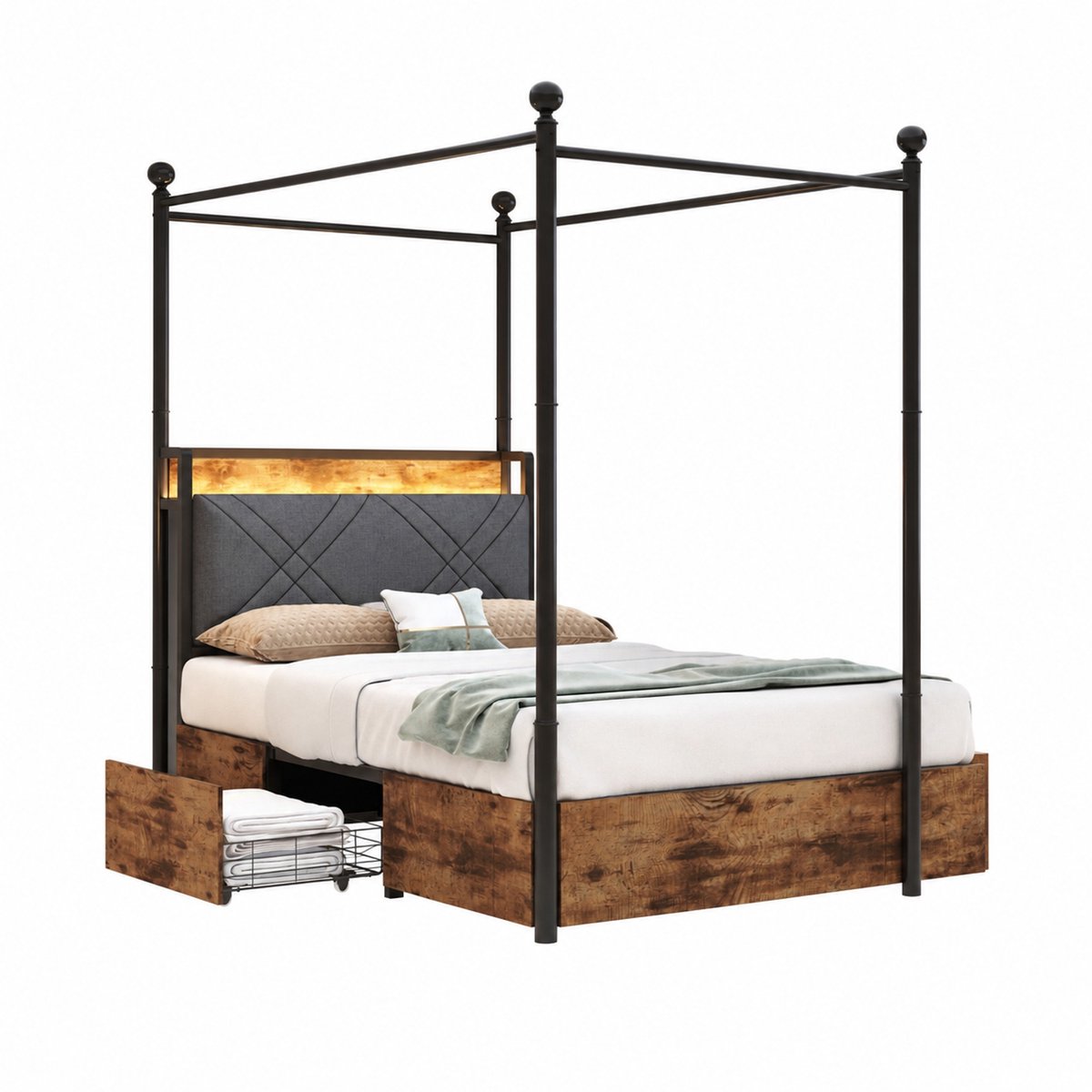 WUVRIE Hemelbed 90 x 190 cm met opbergruimte, LED, USB-C en lattenbodem in zwart