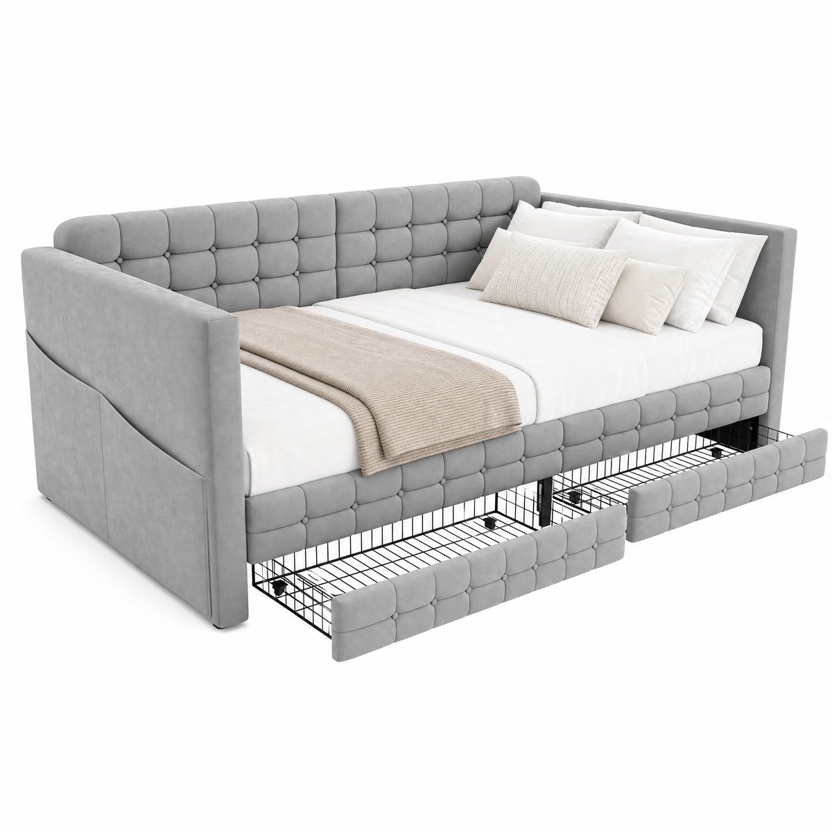 WUVRIE Slaapbank 90x190 cm met opbergruimte, twee lades en lattenbodem, lichtgrijs