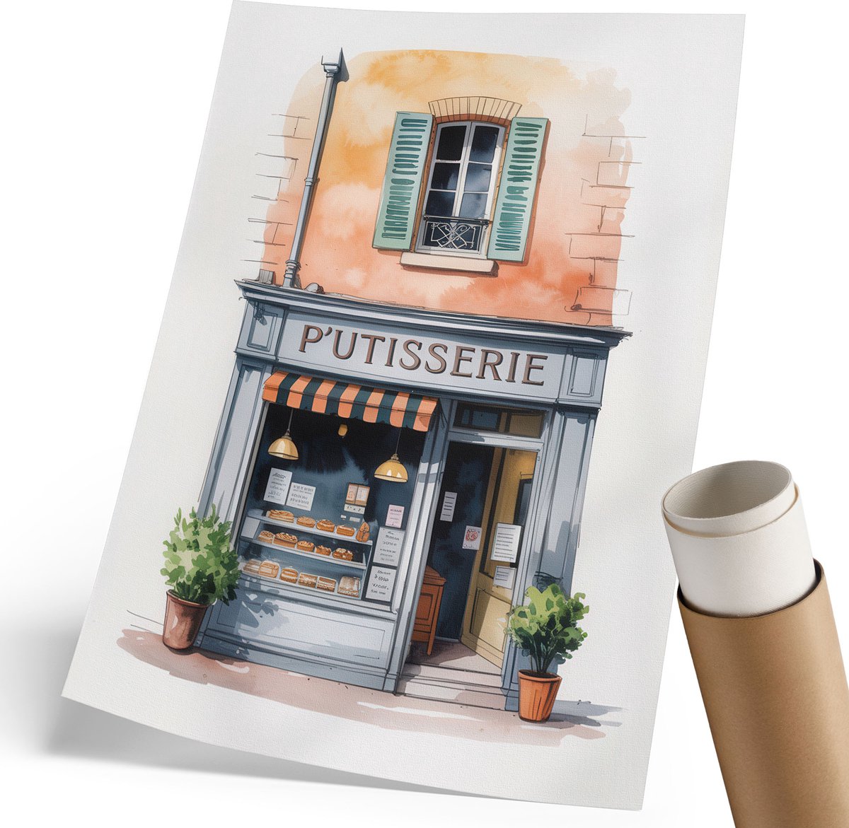 Coloray Polycanvas Poster - Franse Bakkerij, Waterverf - 210 x 297 mm - Oranje Design - Rechthoek - Decoratieve poster - Woonkamer, Slaapkamer, Kantoor - Romantisch