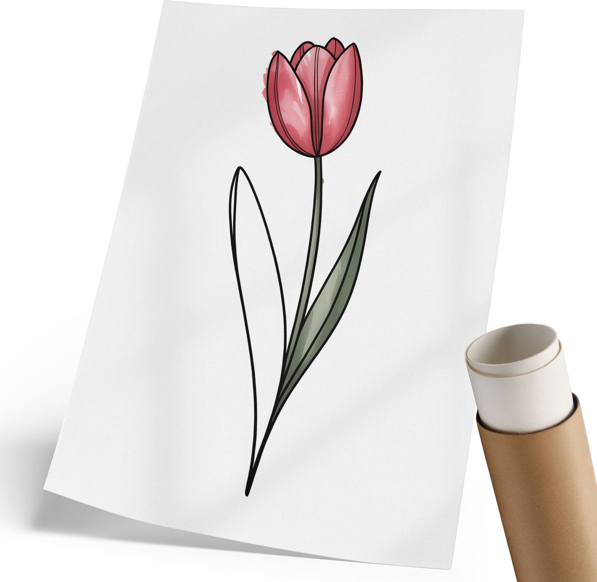 Coloray Polycanvas Poster - Roze Tulp, Lijntekening - 210 x 297 mm - Roze Wandposter - Rechthoek - Wandkunst - Woonkamer, Slaapkamer, Kantoor - Minimalist