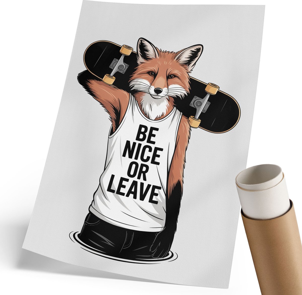 Coloray Polycanvas Wandposter - Vos Met Een Skateboard, Illustratie - 210 x 297 mm - Oranje Motief - Rechthoek - Interieurdecoratie - Woonkamer, Slaapkamer, Kantoor - Popcultuur