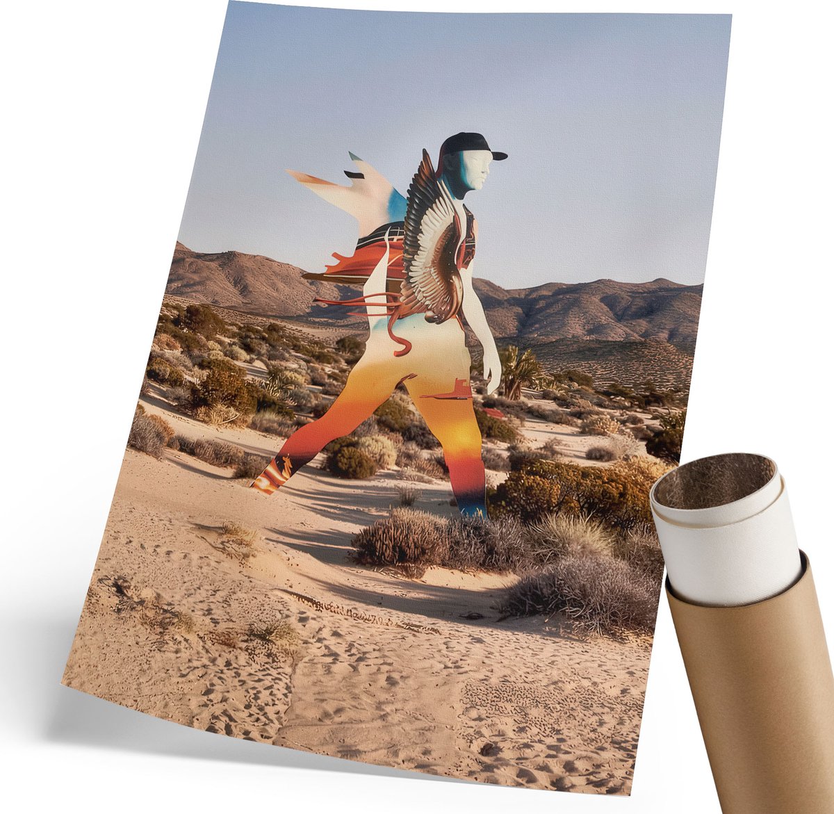 Coloray Polycanvas Wandposter - Woestijn En Figuur, Illustratie - 210 x 297 mm - Oranje Motief - Rechthoek - Wandkunstwerk - Woonkamer, Slaapkamer, Kantoor - Modern