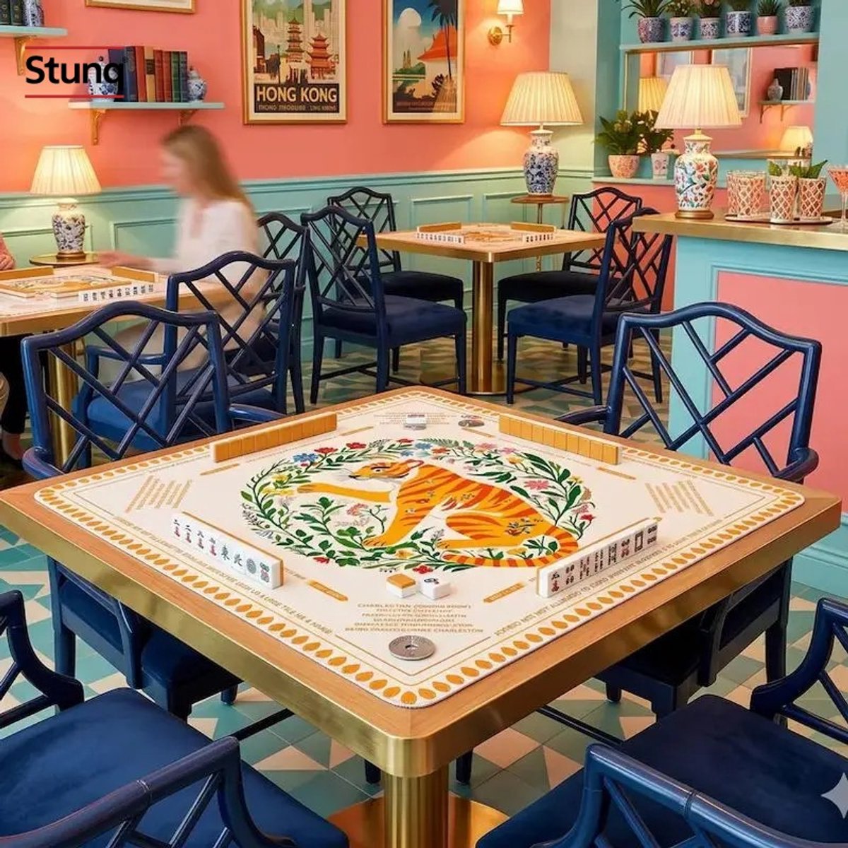 Stunq® Mahjongset Tijger Bloemen - Antislip Mat, Opvouwbaar, Waterdicht