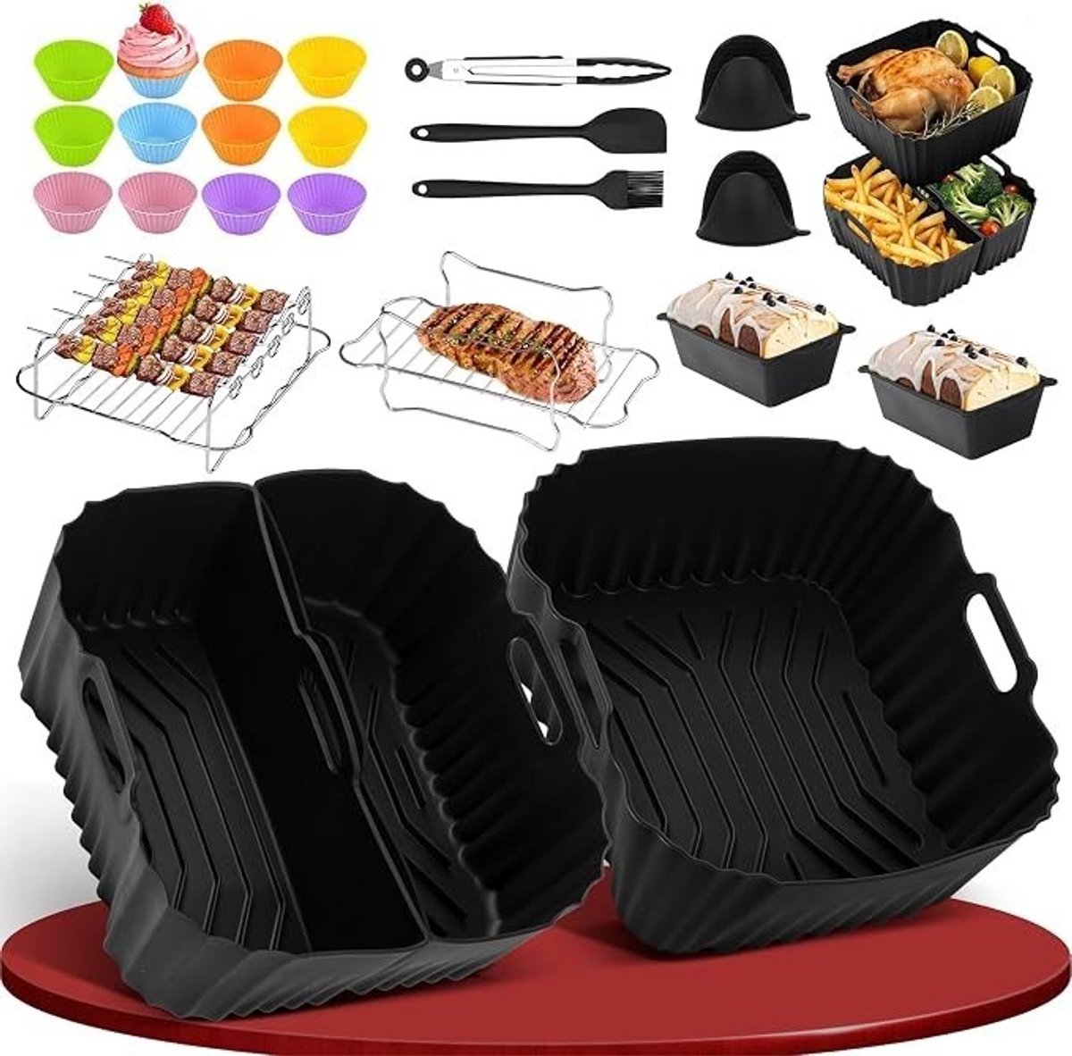 PolkaHome 29-delig Silicone Airfryer Accessoires Set - Bakvormen, Broodvorm, Spiesjes en Tang voor Philips, Cosori, Ninja en meer