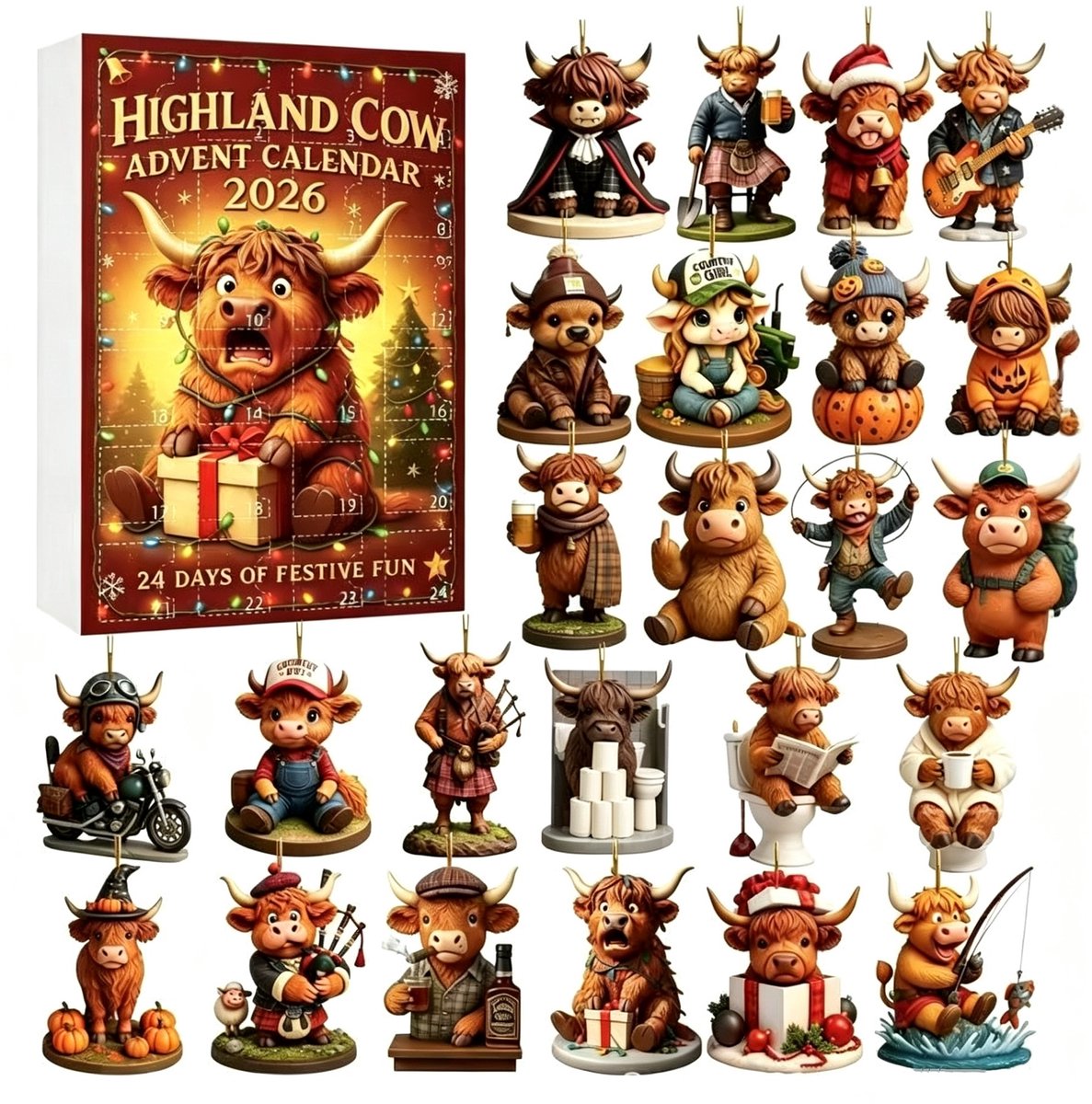 Casalora® Adventskalender 2026 – 24 Highland Cow Acryl Kersthangers – 24 Dagen Kerst Countdown – Kerstboomdecoratie – Kerstversiering – Cadeau