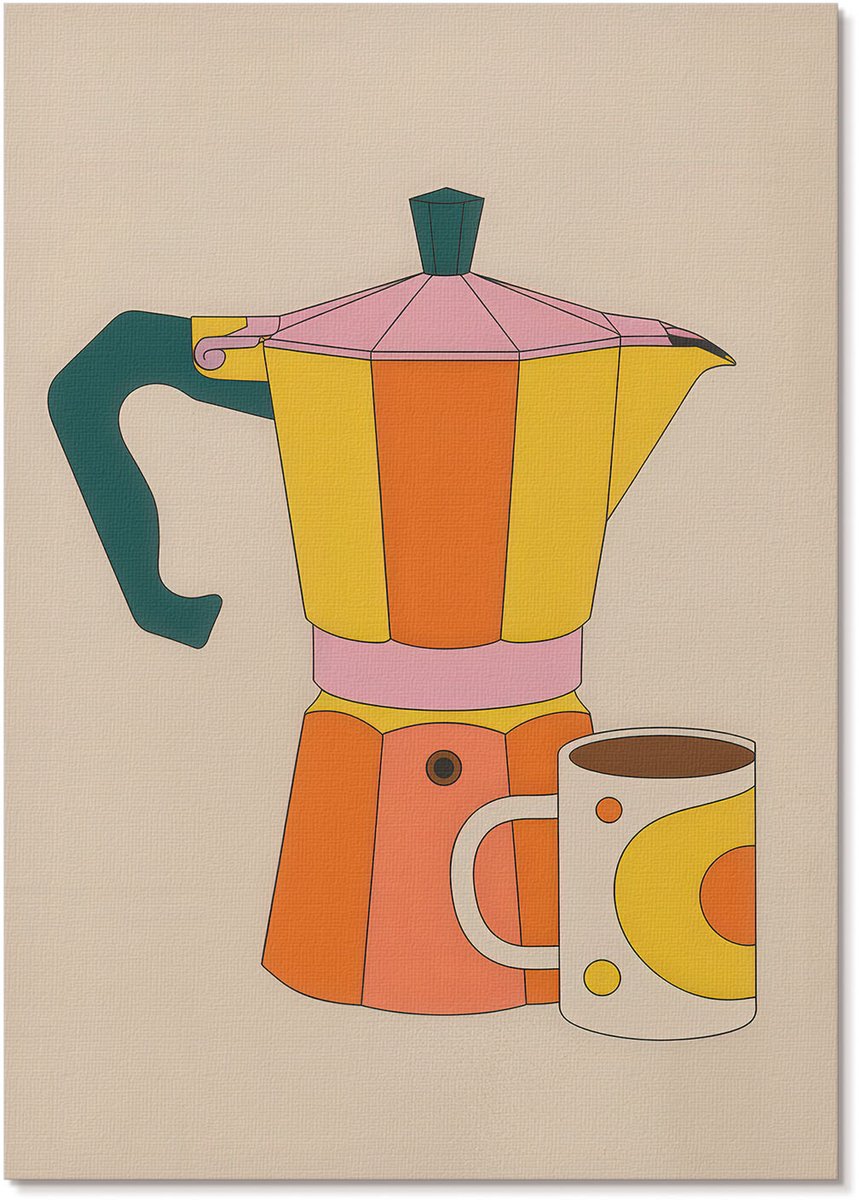 Tulup Polycanvas Wandposter - Koffiepot Mok, Illustratie - A4 - Oranje Kunst - Rechthoek - Canvasposter - Woonkamer, Slaapkamer, Kantoor - Retro