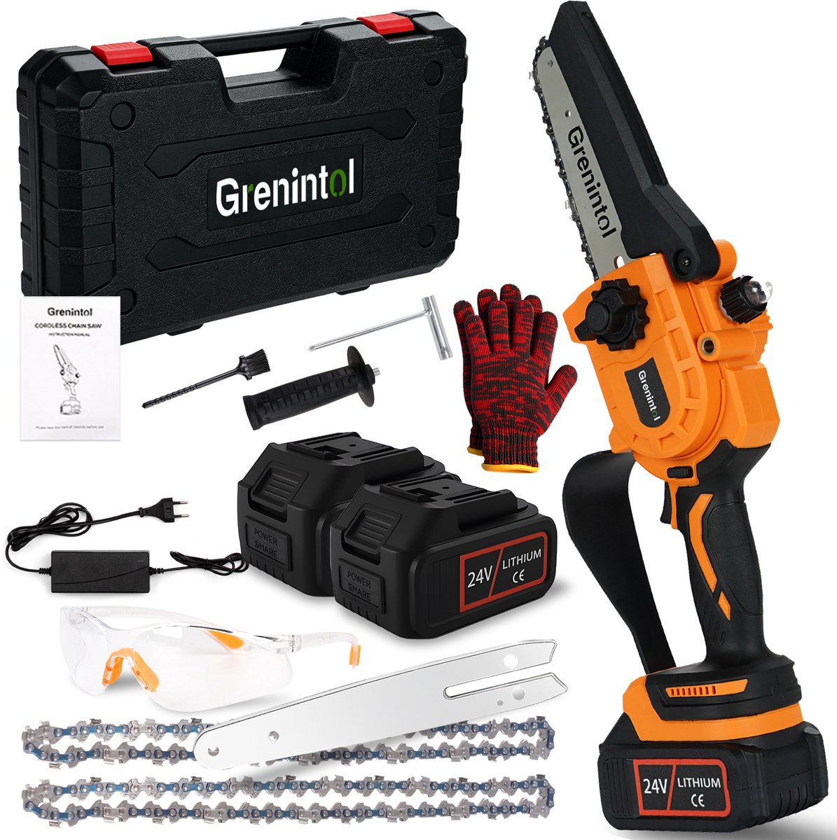 Grenintol Mini Kettingzaag - Snoeizaag - 6 inch - Kettingzaag - Snoeizaag voor Takken en Hout - Draadloze Elektrische Kettingzaag - 24V 6000mAh - Handzaag - Brushless Motor - Automatische Kettingsmering - 2 Kettingen & Opbergkoffer
