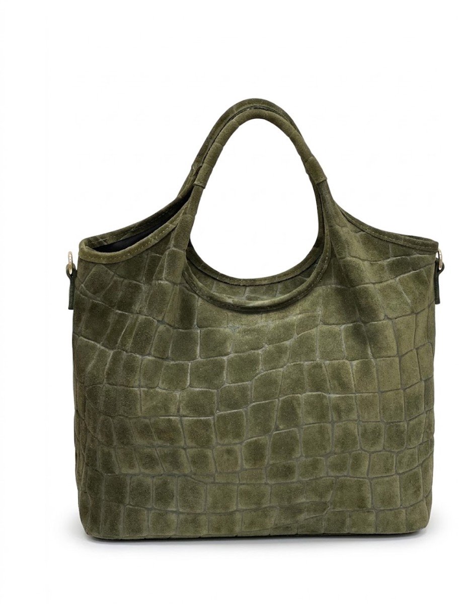Legergroene Suède Schoudertas Crocoprint - Ruime Leren Handtassen - Extra Lang Hengsel - Goud Beslag - Legergroen