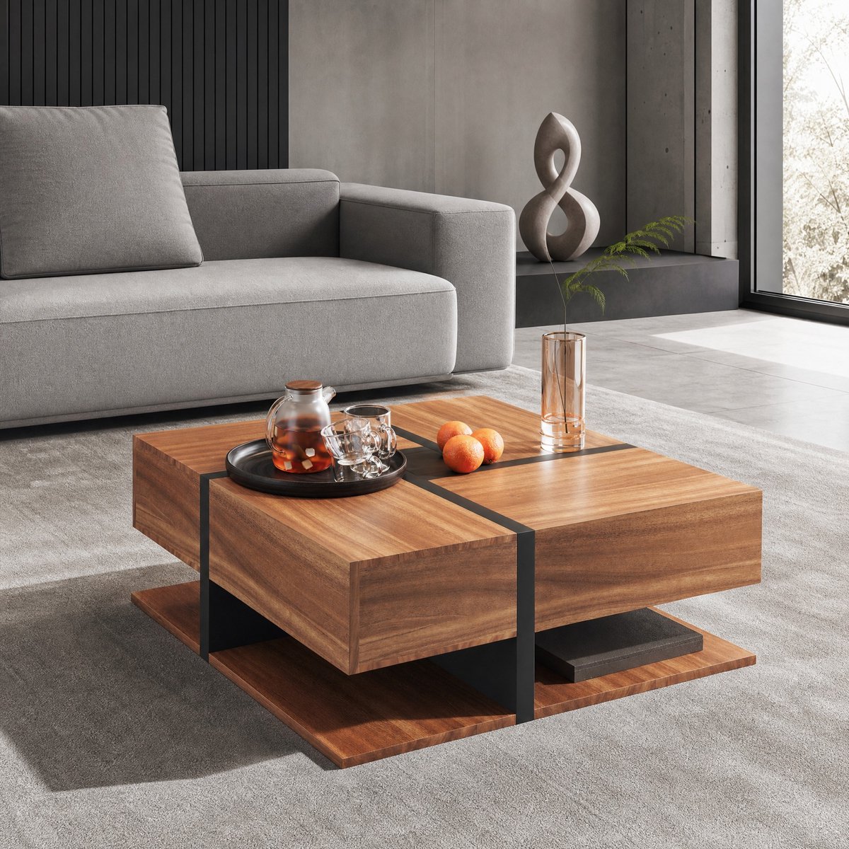 MIVRAY Salontafel - Vierkante Koffietafel Met 4 Lades En Onderplank - Modern Voor Woonkamer - Spaanplaat - 78x78x36 Cm - Zwart Houtkleur Naturel