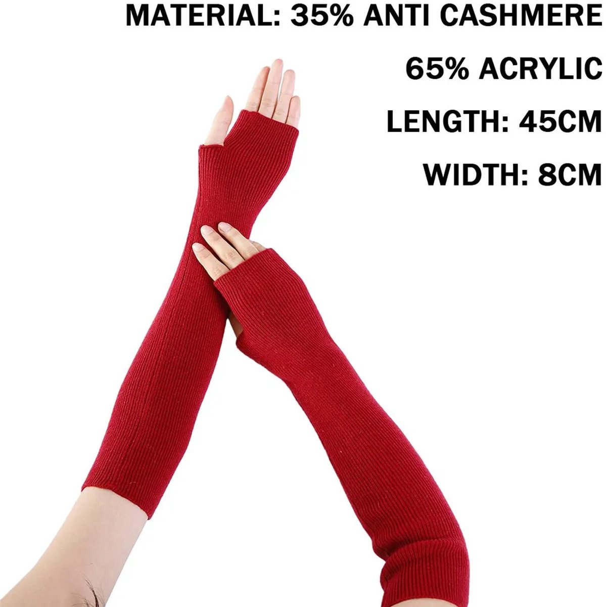 Vingerloze thermische handschoenen Geschikt voor duimgaten, comfortabele klassieke armmouwen in effen kleur, elastische stof, rood.