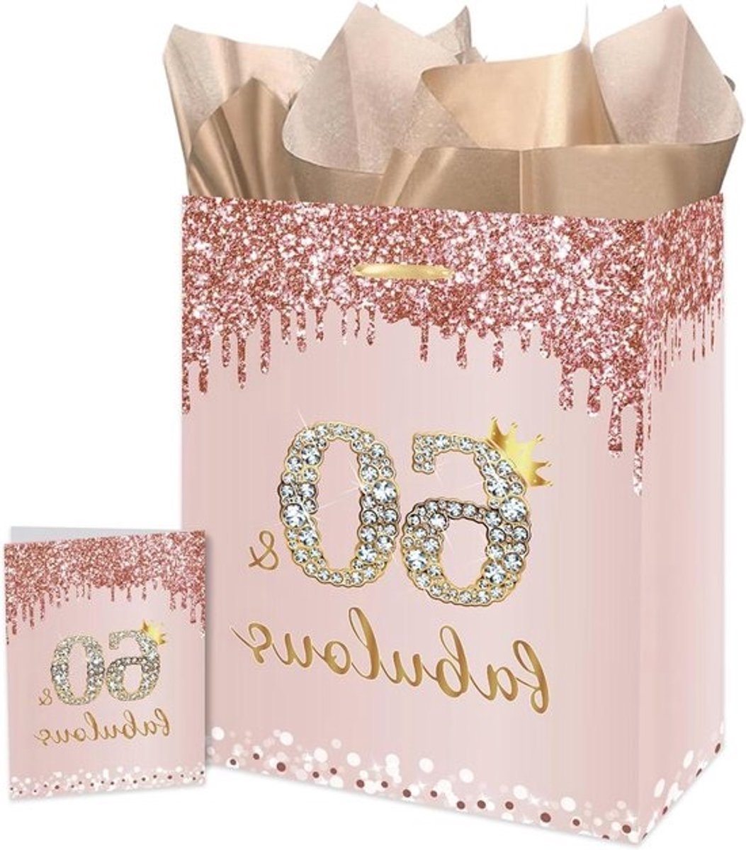 Cadeautas 60e Verjaardag - Geschenktas Vrouwen - Cadeau Presenteren - Compleet Pakket Inclusief - 30 x 24 x 13.5 cm