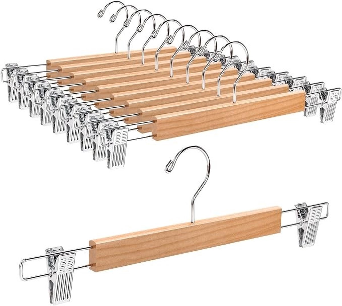 PolkaHome 10 stuks houten kleerhangers met clips - 36 cm, 360° draaibare haak, antislip