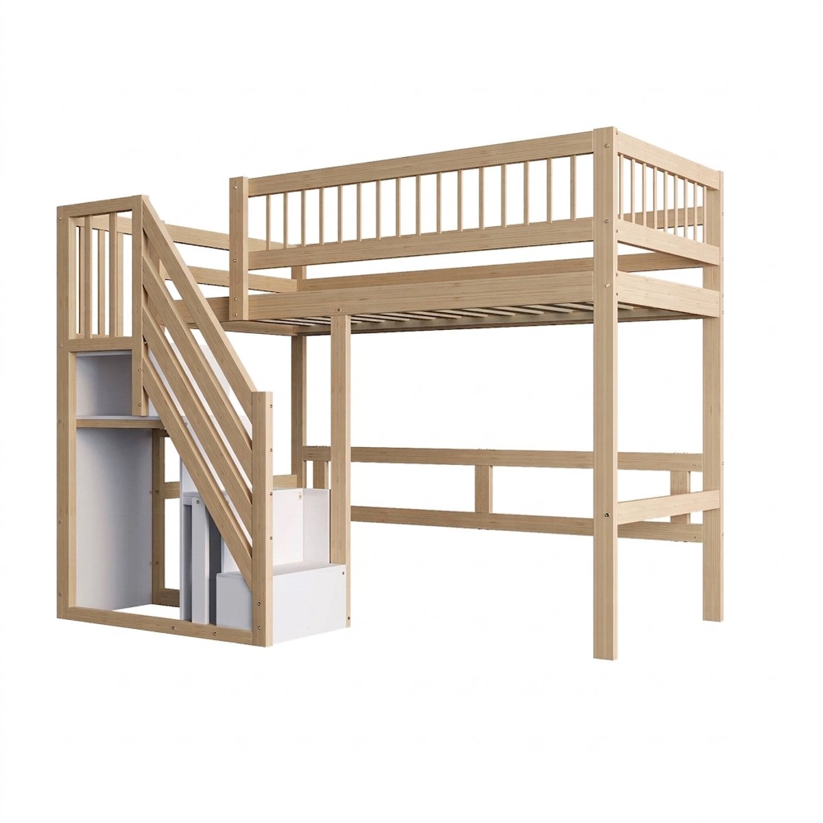 Hoogslaper met opbergtrap - Massief houten kinderbed 90x200 - Geïntegreerde kasten - Veilige rand - Massief hout - Slaapkamer - 205x142x173 cm - Naturel