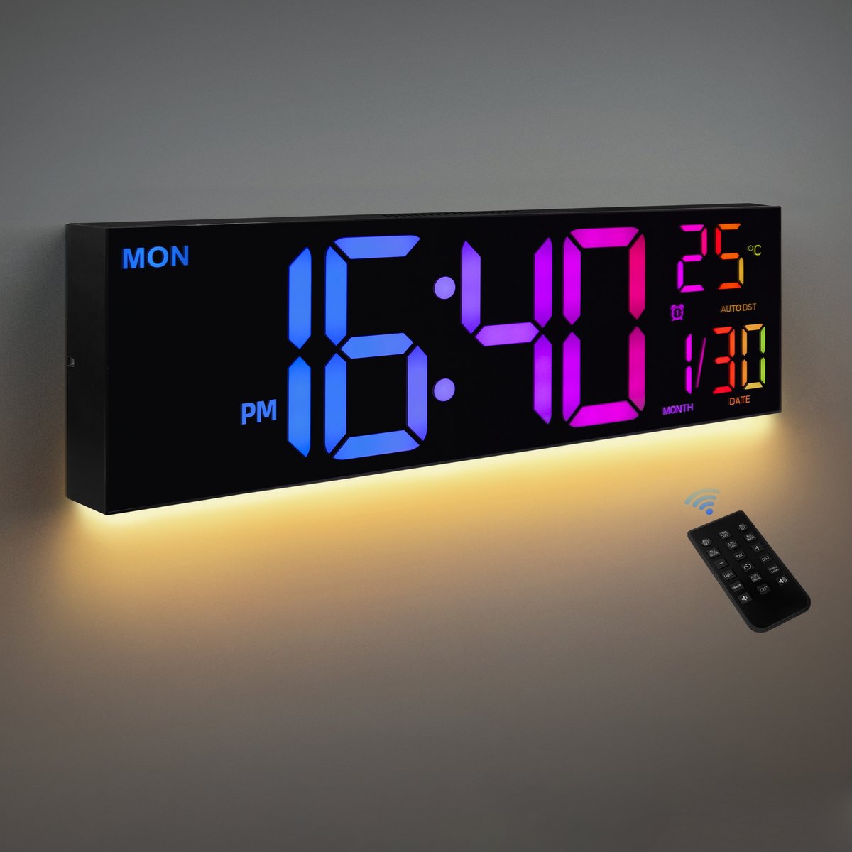 16 inch digitale wandklok met groot LED-display, afstandsbediening, 8 RGB-kleuren, temperatuur en alarm