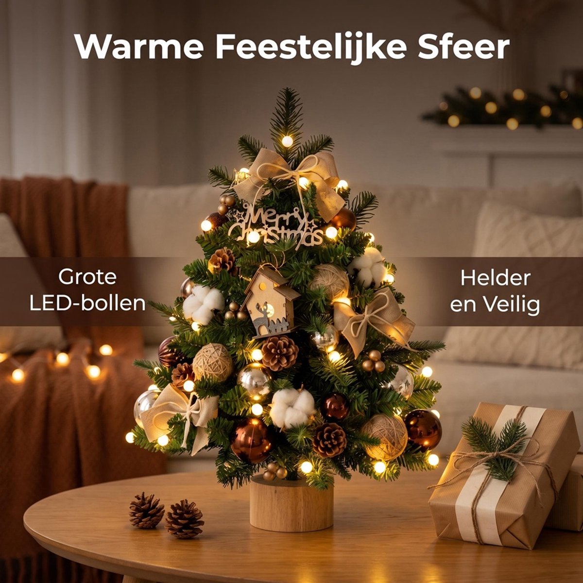 Mini Kunstkerstboom 60 cm- Tafelkerstboom 60 cm met LED, Kerstdecoratie, PVC+PE & Houten Voet – Sfeervolle Tafelkerstboom – Tafel Decoratie – Kerst Versiering voor Thuis & Kantoor – foto 3