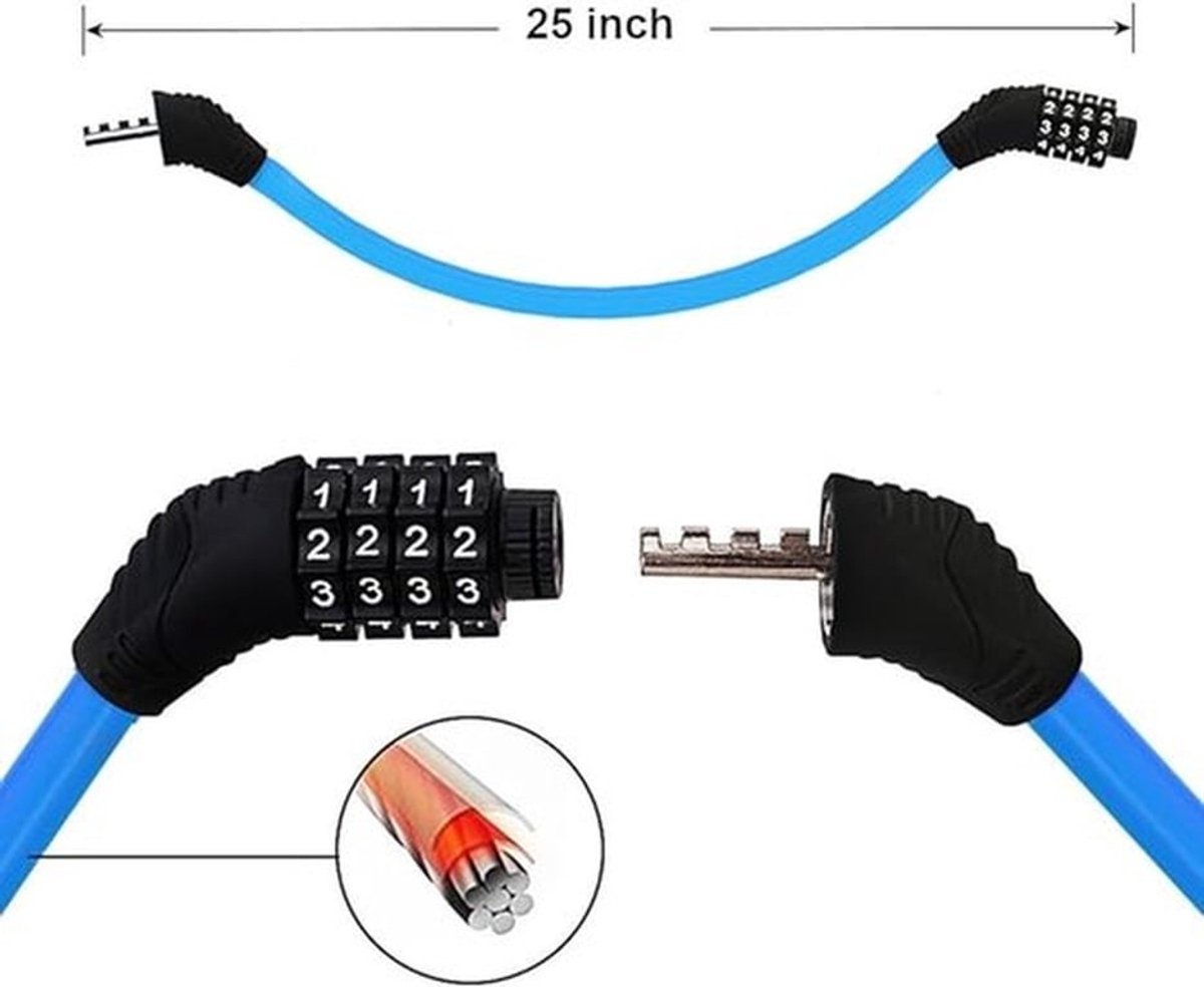Blauw leren ringslot voor fietsen, veiligheidsslot met 4-cijferige resetbare combinatie, geschikt voor fietsen, 60 cm x 1,25 cm.