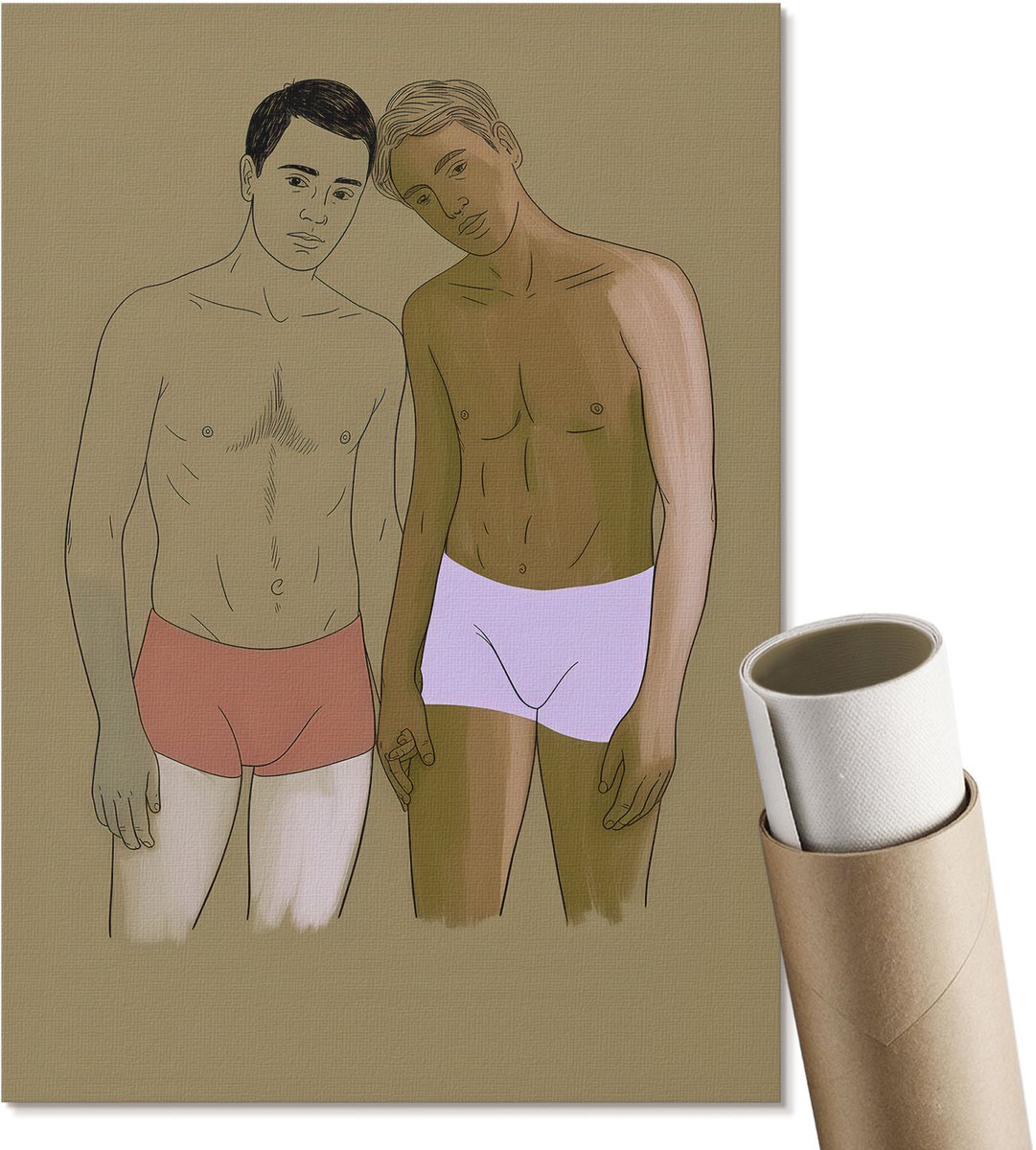 Coloray Polycanvas Wandposter - Mannelijk Stel, Illustratie - A4 - Beige Illustratie - Rechthoek - Interieurdecoratie - Woonkamer, Slaapkamer, Kantoor - Expressief