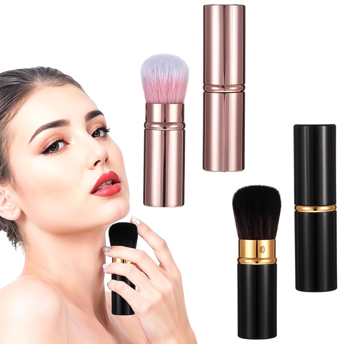 2 stuks - Intrekbare blushkwast met deksel - Reis make-upkwastenset - Intrekbare gezichtsblendkwast - Geschikt voor make-upkwasten voor vrouwen, zoals vloeibare foundation, concealer en blush - Zwart en goud + roze