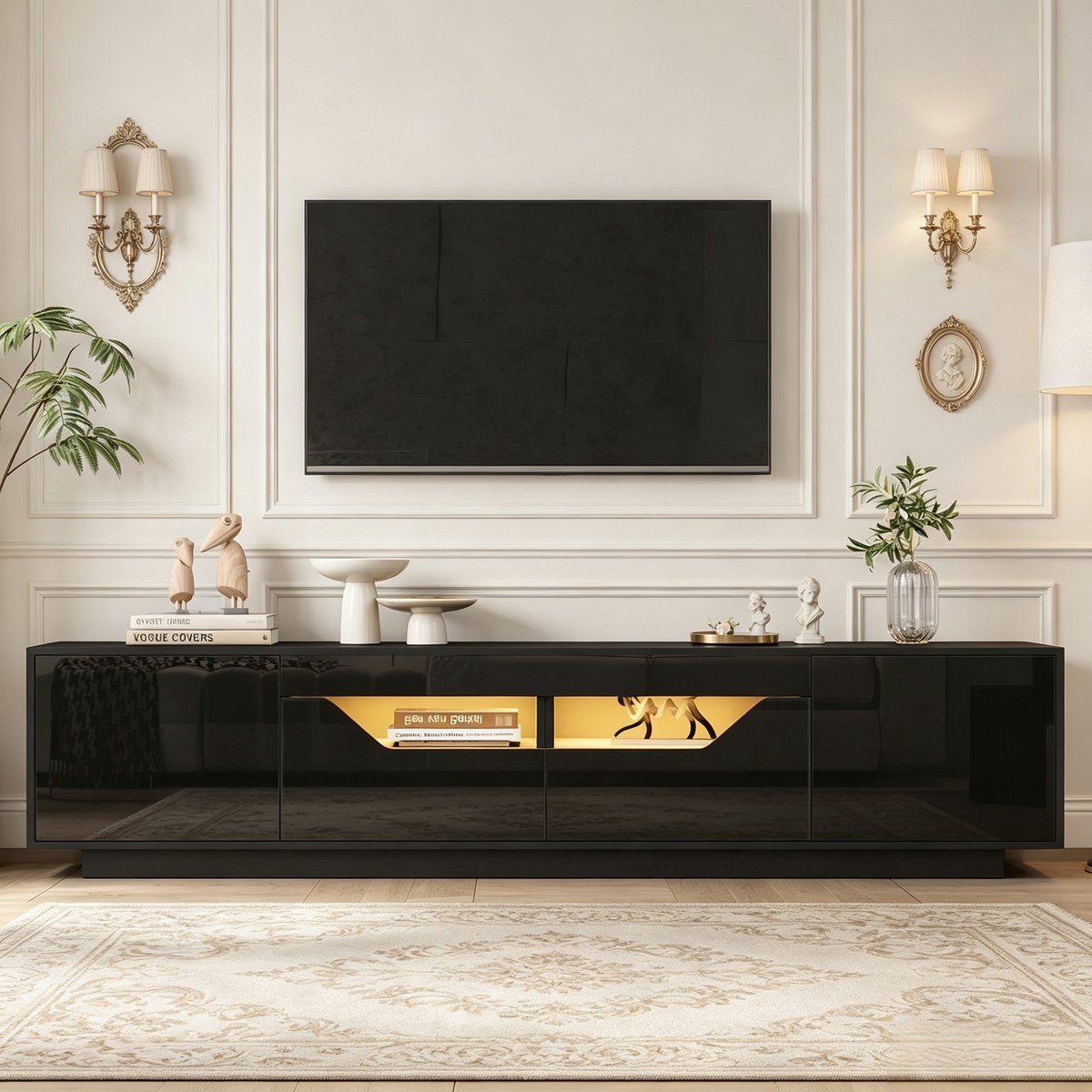 VVBV TV Meubel 180x40x45 cm – Opbergruimte, 2 Lades en LED-Verlichting – Modern Design – Voor Woonkamer – Zwart