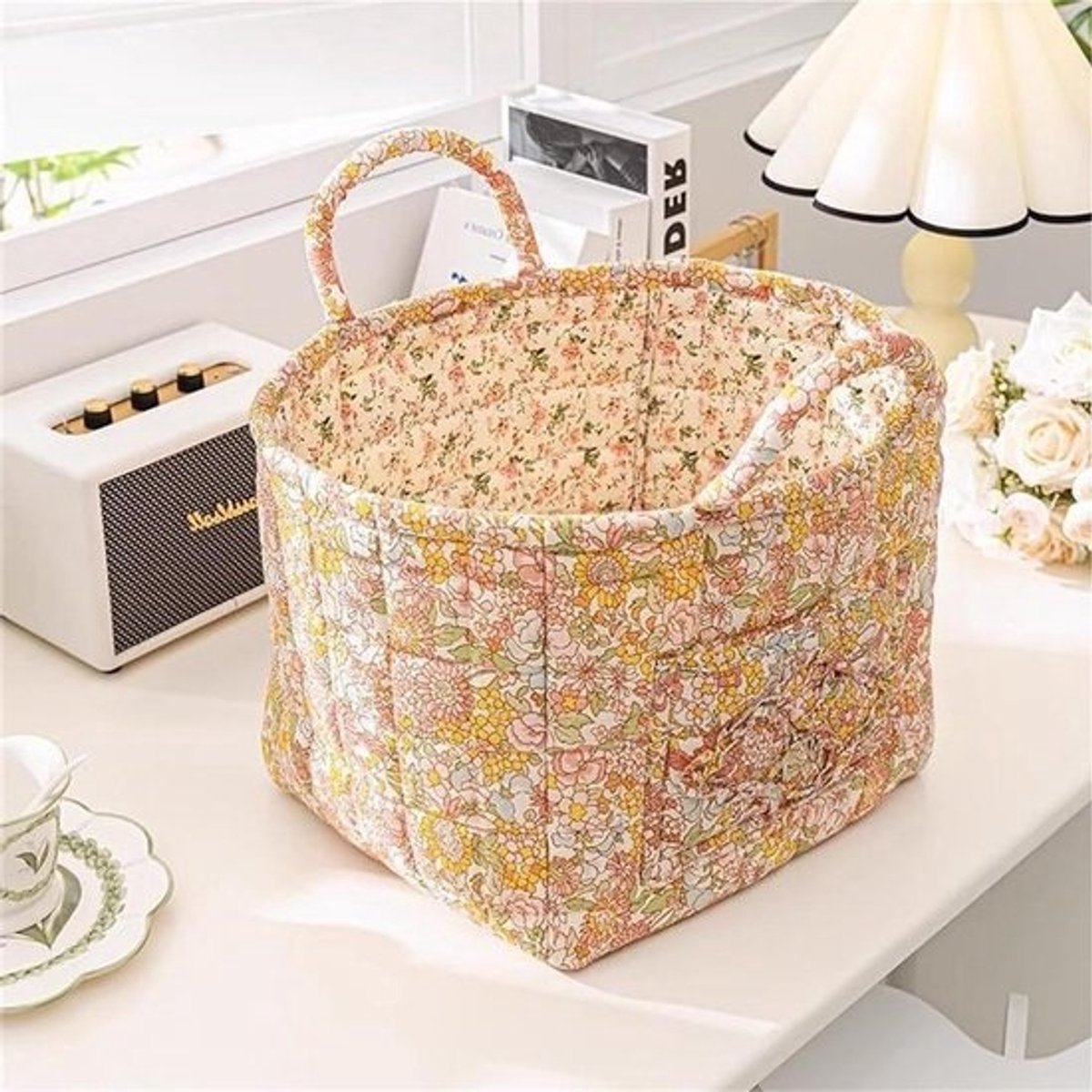 Opbergmand Boho Stof - Wasmand Organizer - Huis Organiseren - Gewatteerd Bloemenmotief - 33 x 27 x 26 cm - Boho