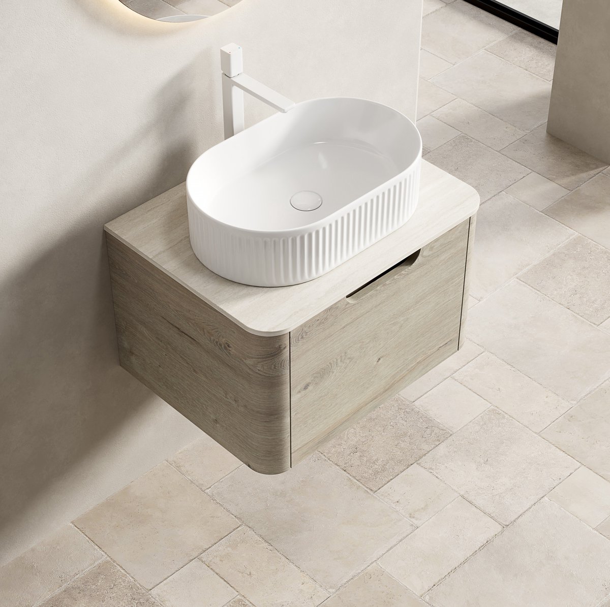 FloraGrace Badkamerkast - Schwebende Wasbak Met Ovale Keramische Wastafel - 60 Cm - Travertin Sintersteen - Beige Wit