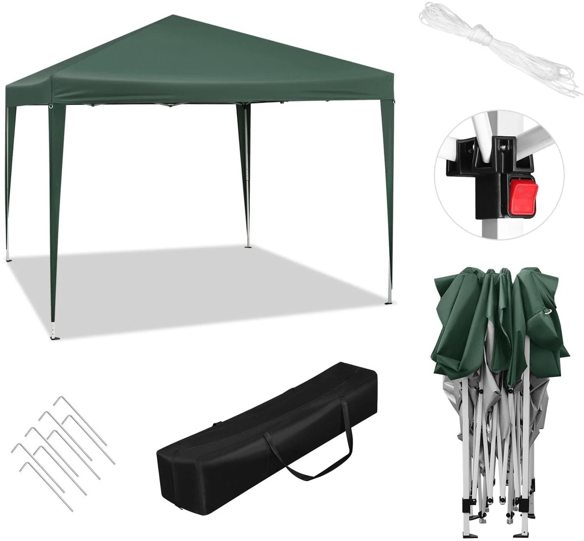 Klarven® Partytent Groen - Waterdicht met Zijwanden en Ritsdeur, UV-bestendig, Snelle Pop-up Opzet, Hoogte Verstelbaar op 3 Standen - B 3 x D 3 m, H 250-258 cm