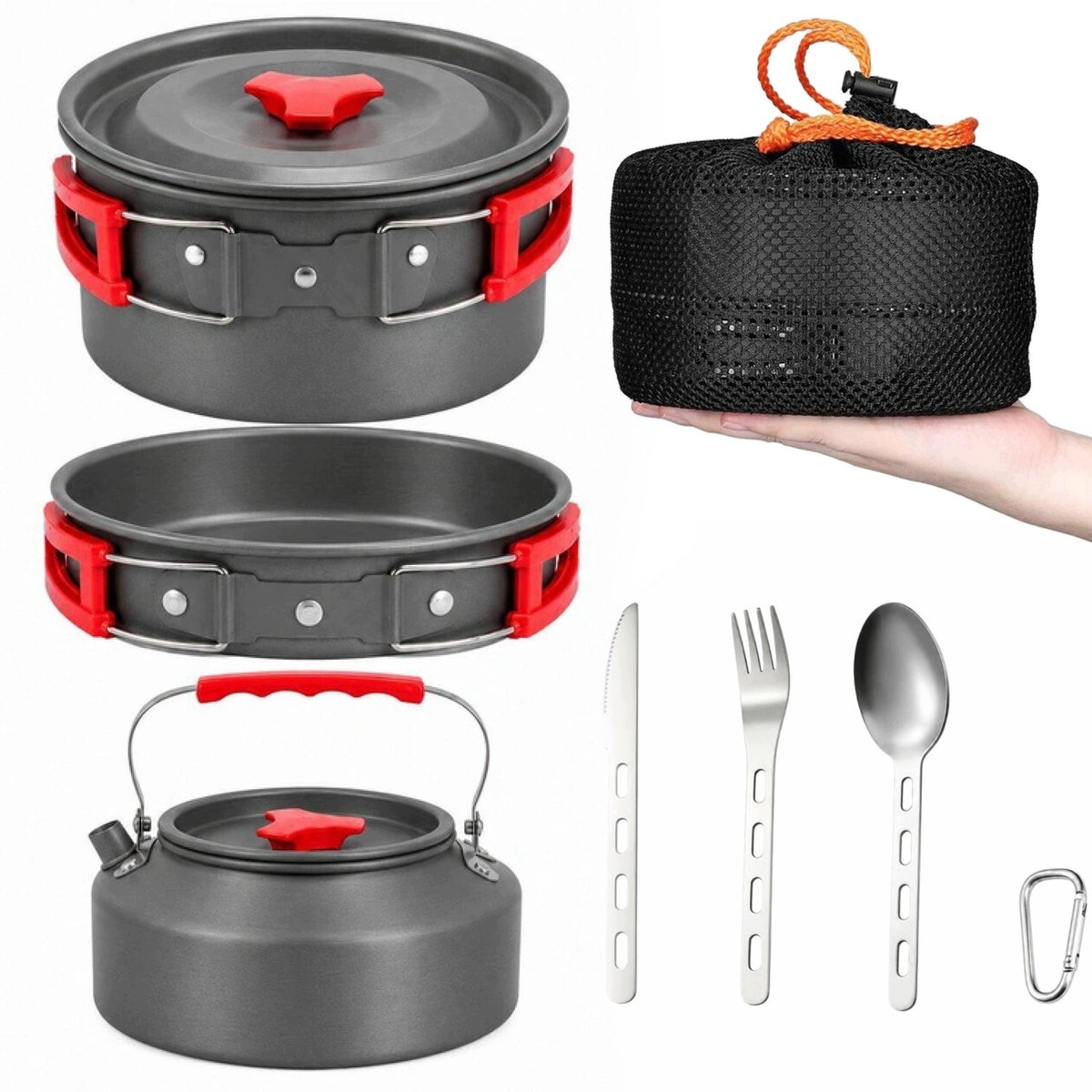 Compact Kampeer Kookset - Aluminium, Inclusief Bestek & Pan