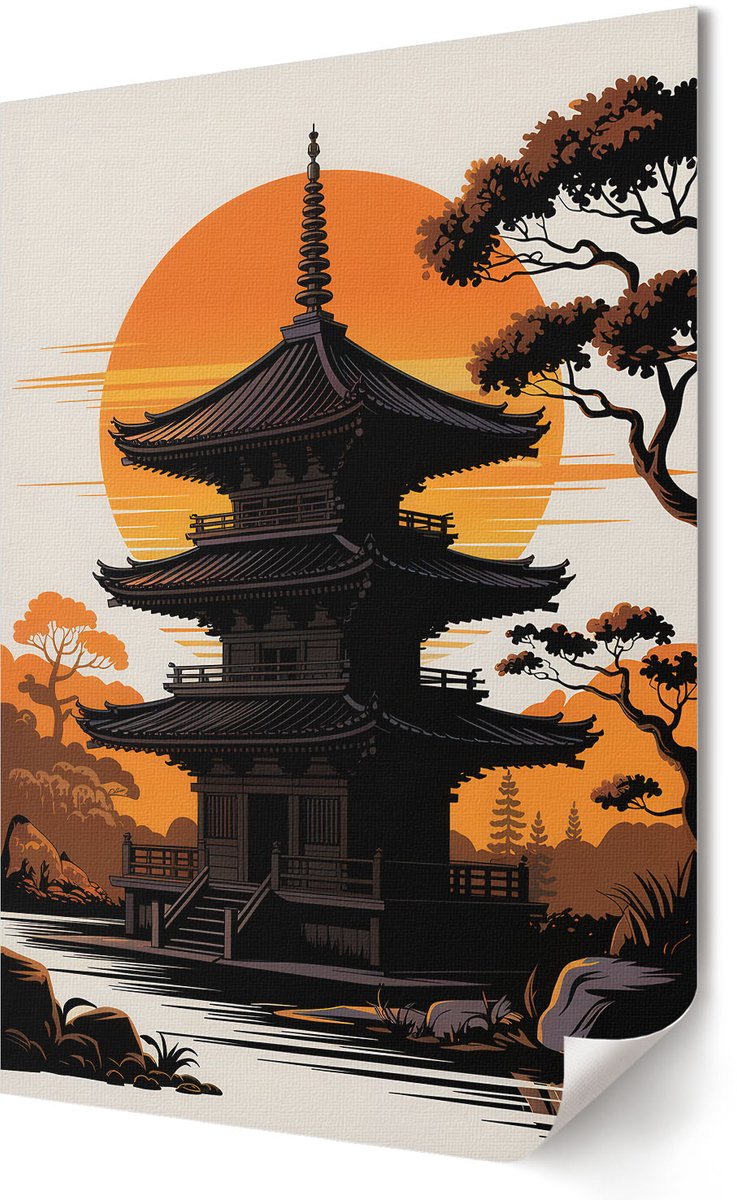 Coloray Polycanvas Wandposter - Oosterse Tempel, Illustratie - 420 x 594 - Oranje Design - Rechthoek - Wandkunstwerk - Woonkamer, Slaapkamer, Kantoor - Japanse