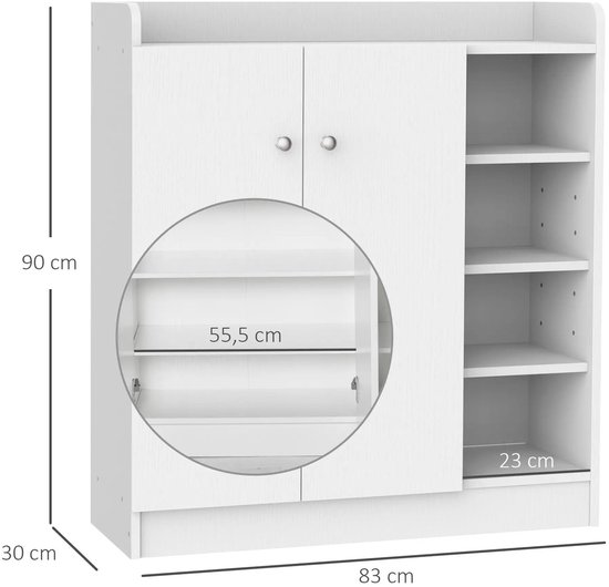 REDOM - Schoenenkast - 2 deuren en open rek met 4 vakken - Opbergruimte met kippschutz - Modern - Hal of kantoor - Hout - Wit - 83 x 30 x 90 cm — afbeelding 4