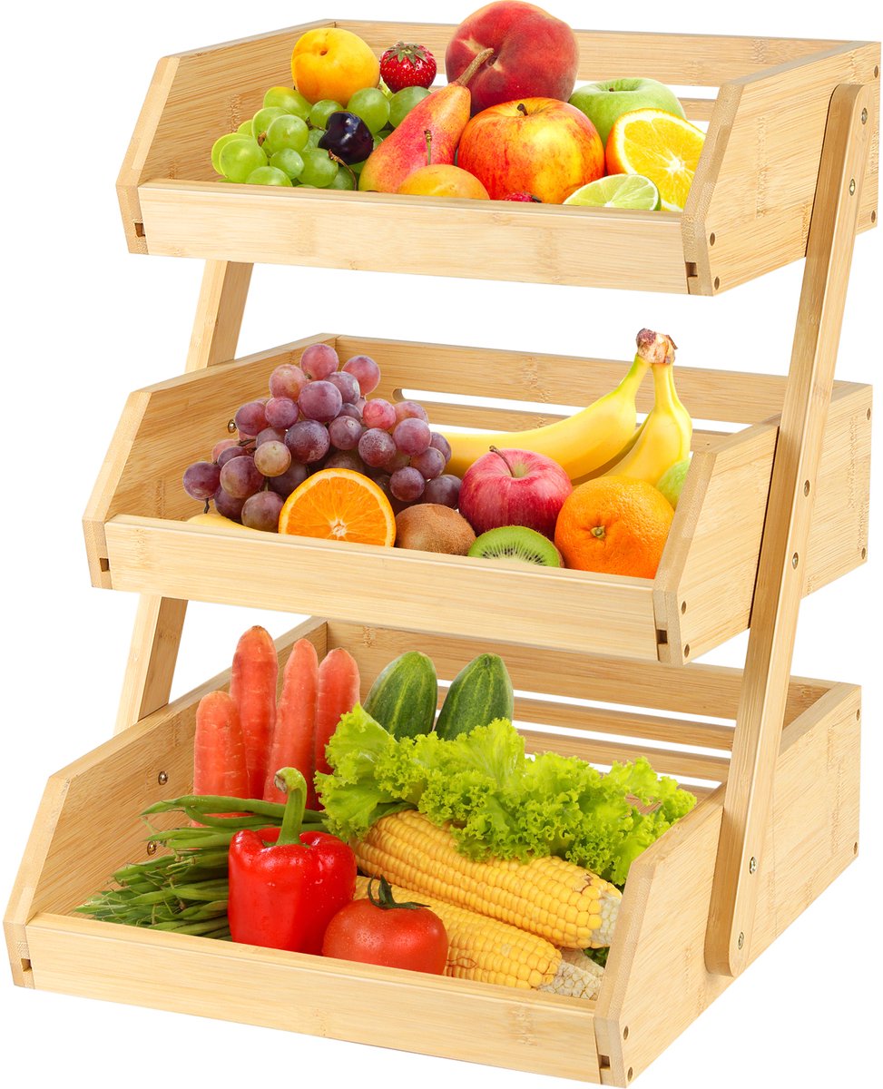 PIPIPOXER Fruitmand Bamboe 3 Laags - Rechthoek - Fruitmand - Fruitschaal - Fruitkistje - Bamboe Hout - Aanrecht Organizer - Keuken
