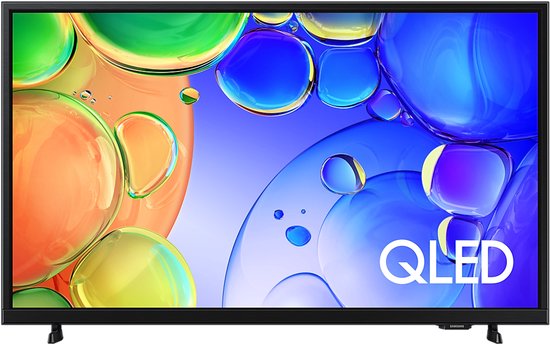 Samsung QLED smart tv, 32 inch, met kleurrijke bubbelgraphic op het scherm, vooraanzicht.
