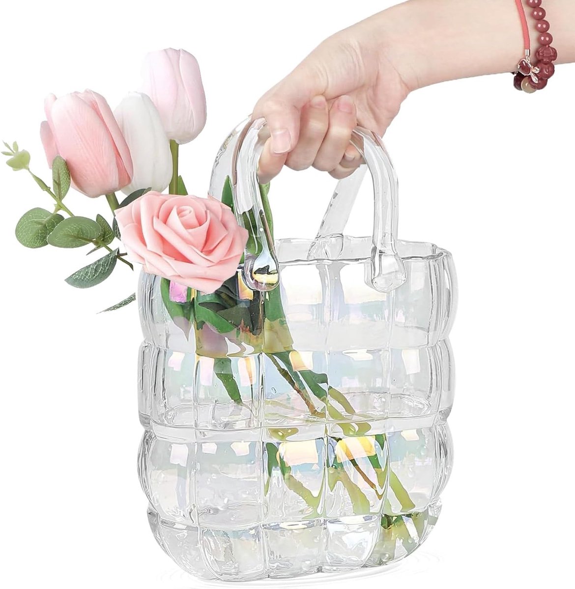Dailygoods- Glazen Vaas Groot - Handtas Vaas - Decoratieve Vaas - Mondgeblazen Glas - Esthetische Vaas - 28 H x 18 L x 10 B cm