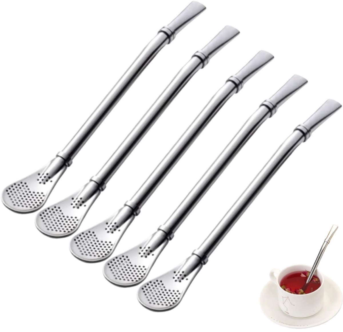 Set van 5 - Roerlepel - Roestvrij staal - Zeeflepel - Lepelvormig rietje - Rietje en lepel van roestvrij staal - Zilver