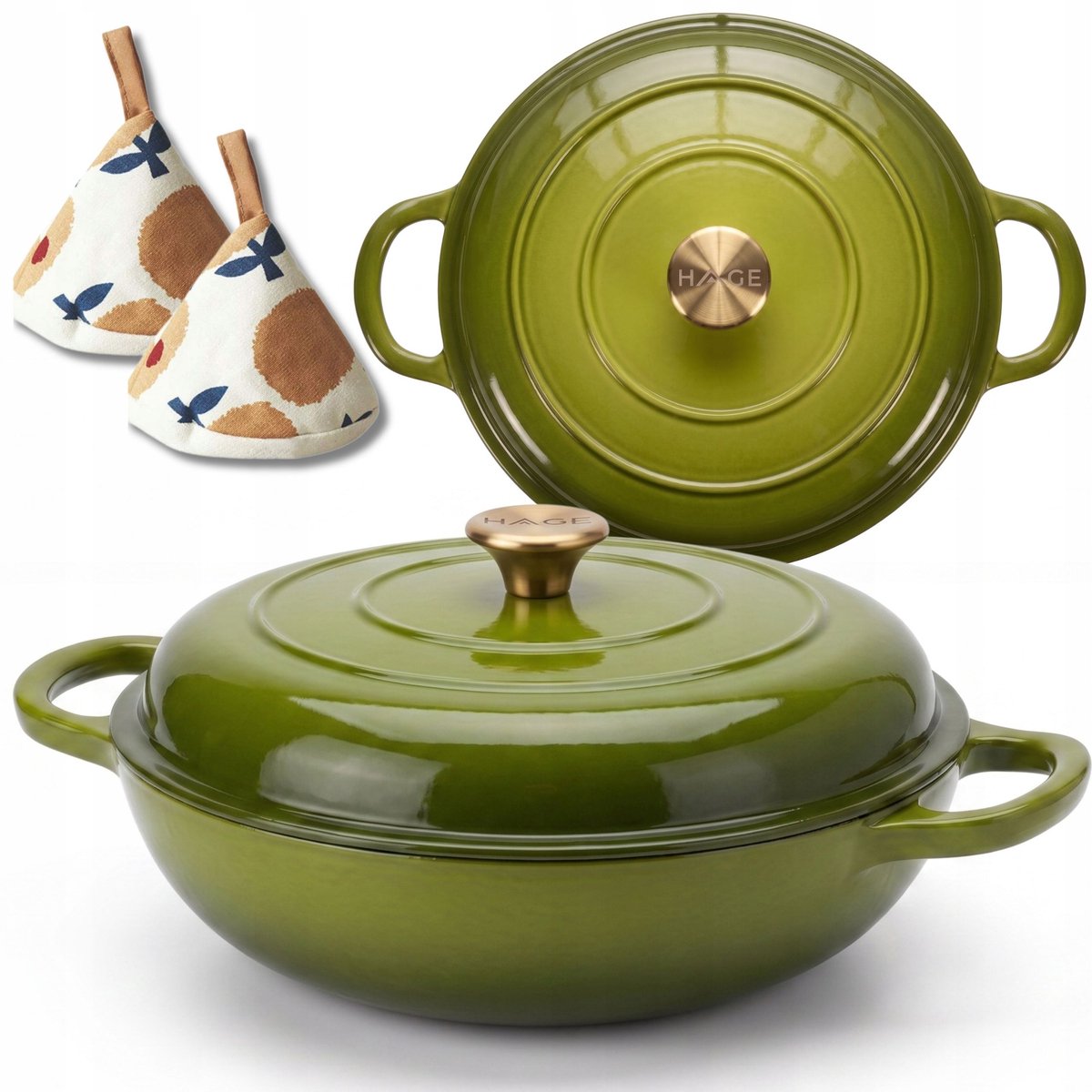 Hage - Braadpan - Lage Gietijzeren Braadpan met Deksel - Geëmailleerd gietijzer pan - Oven & Inductie Geschikt - Voor Braden, Stoven en Ovenschotels - 3 Liters - 40.5 x 30 x 10.5 cm - Olijfgroen