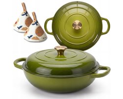 Hage - Braadpan - Stoofpan met Deksel - Casserole Pan - Lage Geëmailleerd Gietijzeren Braadpan - Oven & Inductie Geschikt - Voor Braden, Stoven en Ovenschotels - 3 Liters - 40.5 x 30 x 10.5 cm - Olijfgroen