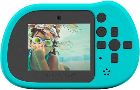 Turquoise Kidywolf kindercamera met grijze rand en scherm met onderwaterfoto van meisje met zwembril.