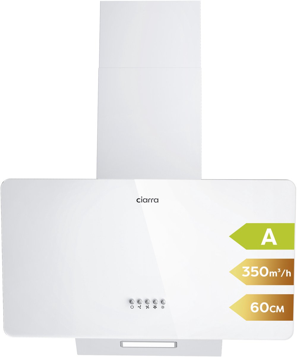 CIARRA CAW6750 - Schuine Afzuigkap 60 cm 350 m³/u - Recirculatie & Luchtafvoer - met LED - Wit