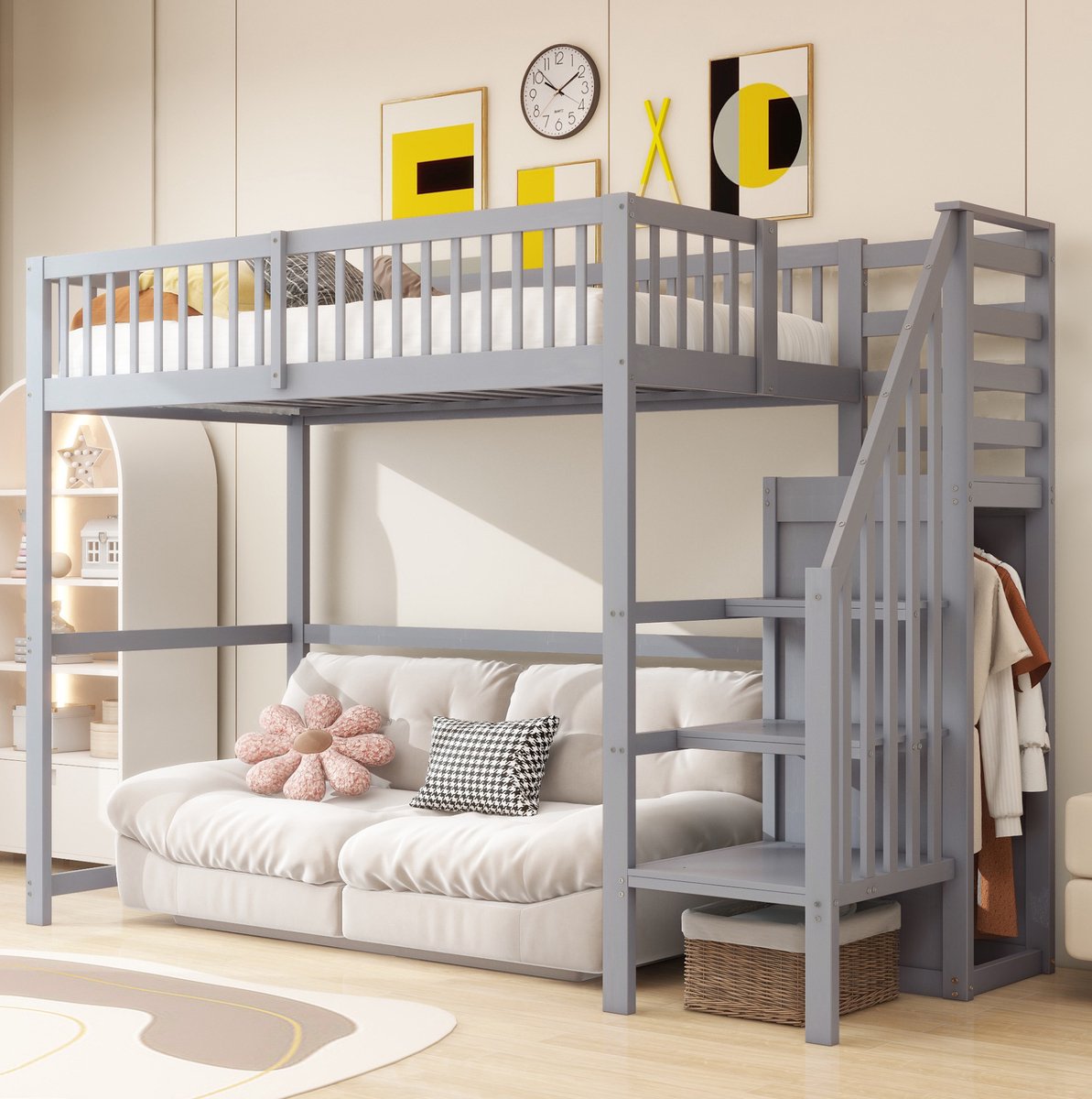 REDOM - Hoogslaper - Met trap en opbergruimte - Met uitvalbeveiliging - Eenvoudige stijl - Kinderkamer - Hout en MDF - Grijs - 255 x 95 x 177,5 cm