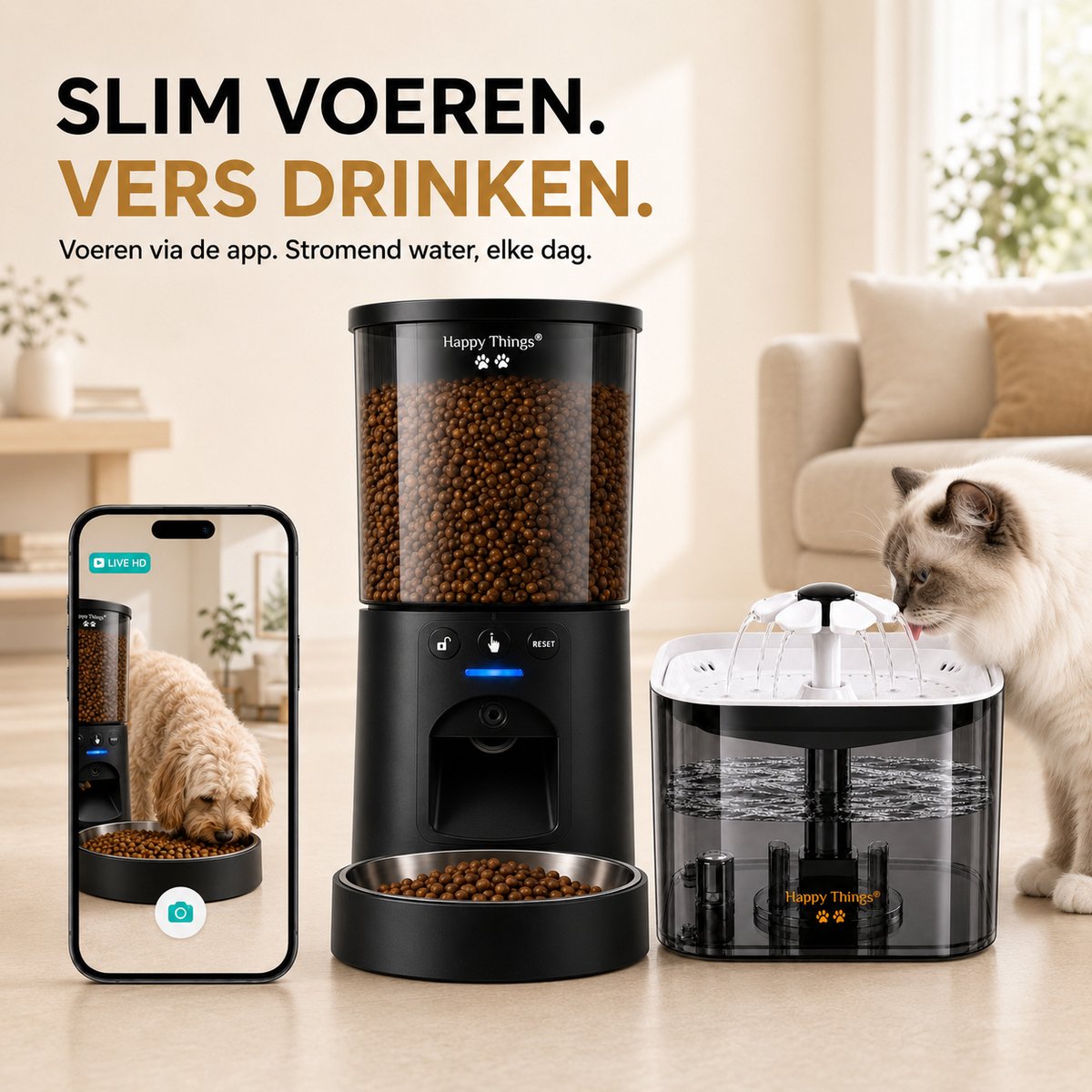 Happy Things® Voerautomaat + Drinkfontein Kat en Hond – Full HD Camera & App – Dual WiFi – 4,5L Voerbak + 2,5L Waterfontein – RVS – Incl. 4 Filters thumbnail 3