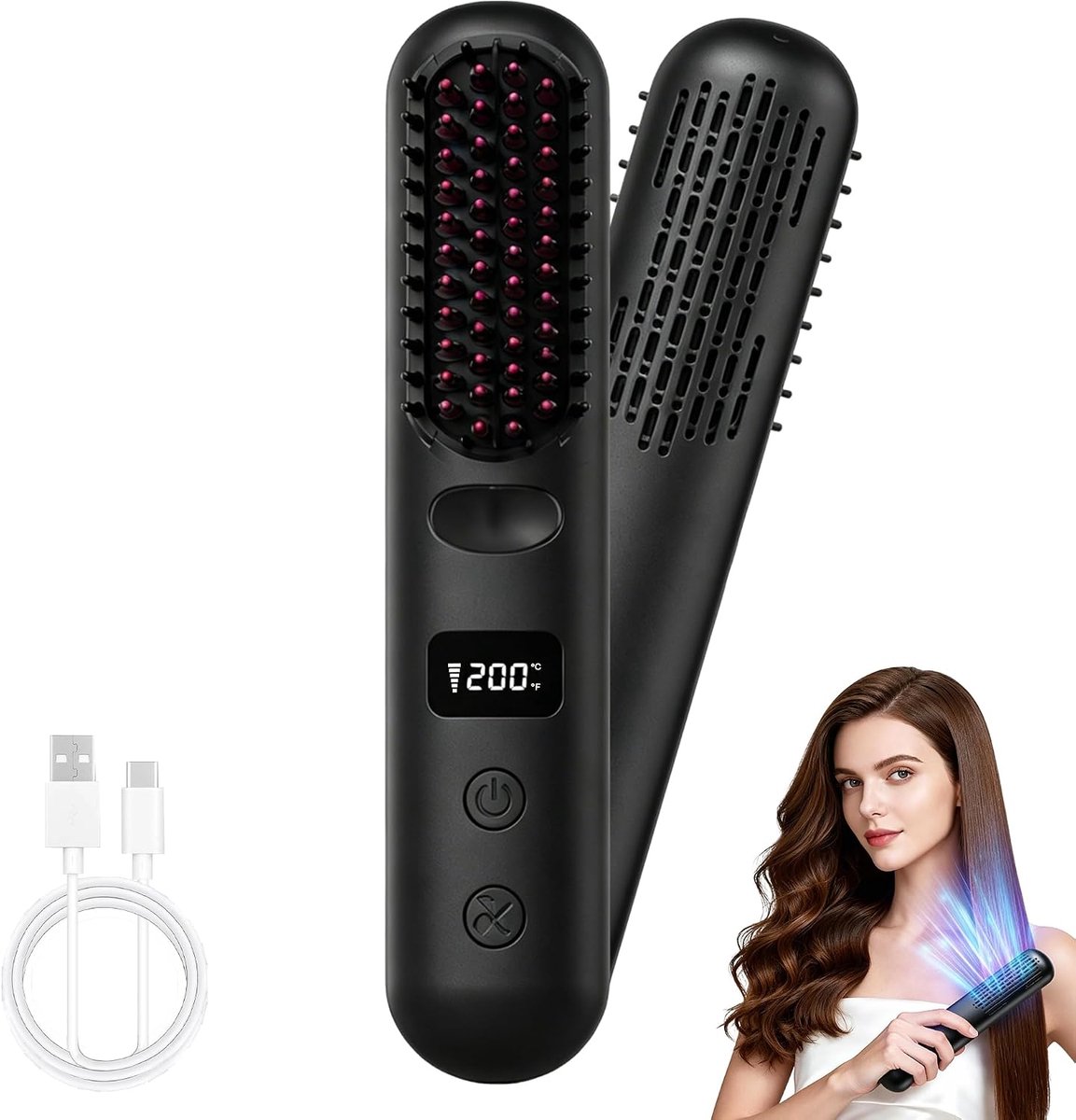 Bobypet - Stijltang - Mini Portable Stijltang - 30 sec Snelle Opwarming - Met 3 Temperatuurstanden - 2-in-1 Airflow Stijlkam Oplaadbaar -Draadloze Stijltang Borstel met Koude Lucht - Voor Reizen - Zwart