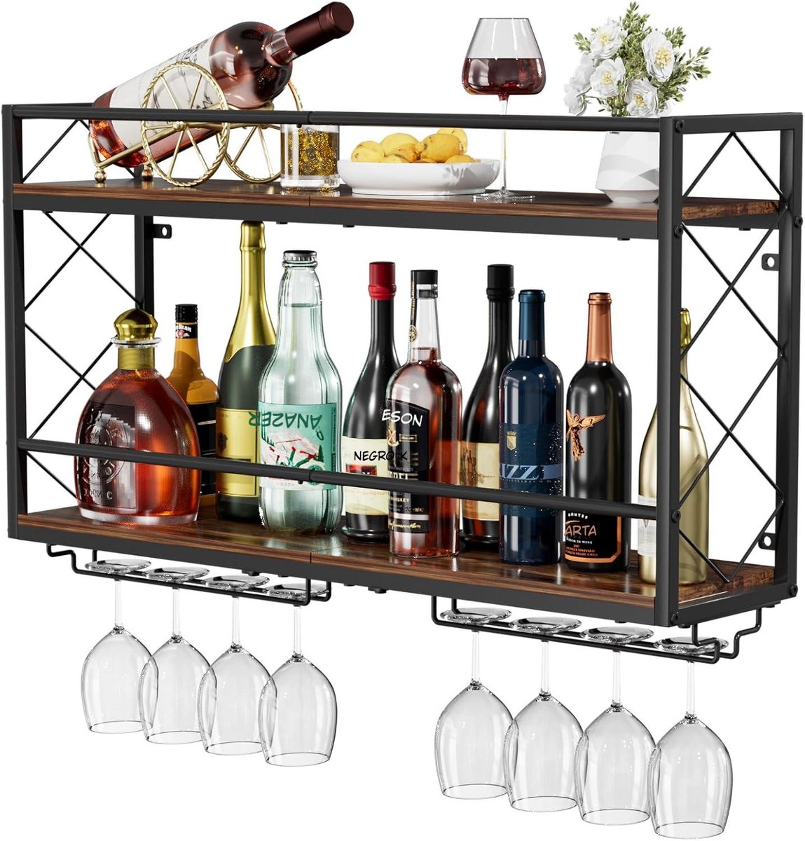 Kavo Wijnrek Muur – WWandgemonteerd Wijnrek voor Wijnflessen – RuimtebeKavoarende Flessenhouder - Bruin - 20cm x 80cm x 43cm