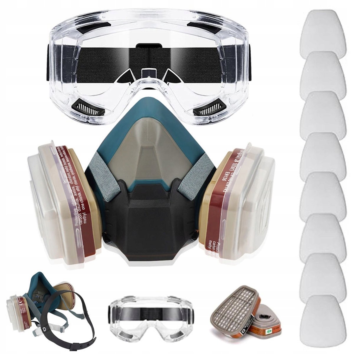 Beschermende halfmasker met filters en veiligheidsbril, stof- en dampafweer