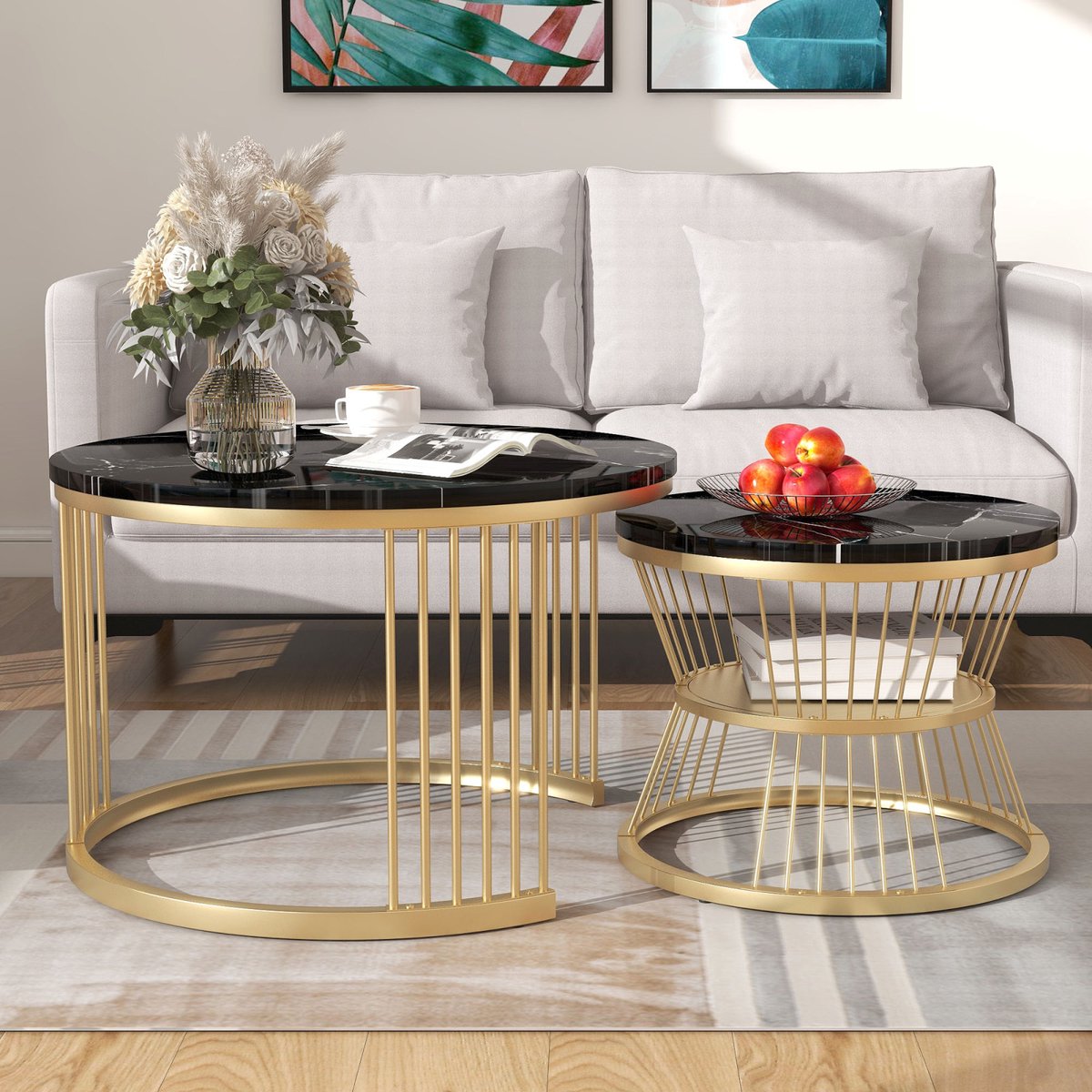 Yelenaro Set Van 2 Rond Salontafels, Stapelbaar, Zwart marmerlook tafelblad, goudkleurig metalen frame, Woonkamer Tafel