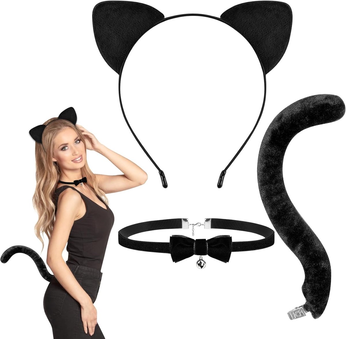 Kattenkostuum Accessoires met Oren en Bel, Zwart Hoofdband en Halsband voor Vrouwen en Meisjes, Perfect voor Halloween en Carnaval