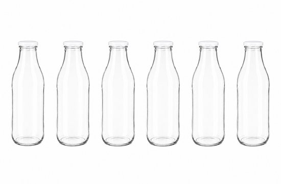Six bouteilles en verre vides avec bouchon blanc, 1 litre.