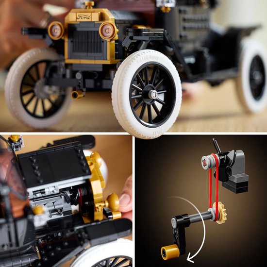 Collage: Detail van LEGO Ford Model T grille met 'Ford' logo. Interieur met bruin stuur. Technisch detail van riemaandrijving.